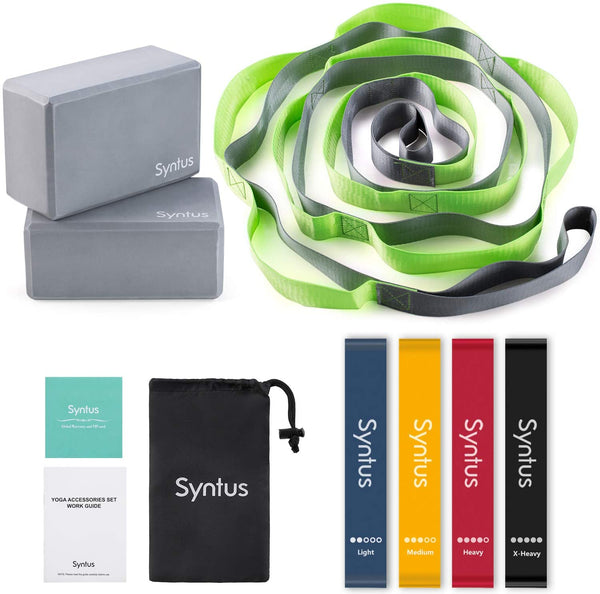 Syntus 9-in-1 Yoga Set, 1 Yoga Strap with 12 Loops, 2 EVA Foam Soft Non-Slip Yoga Blocks 9×6×4 inches,4 Resistance Bands with Instruction Book for Yoga, Pilates, Stretching and Toning Workouts